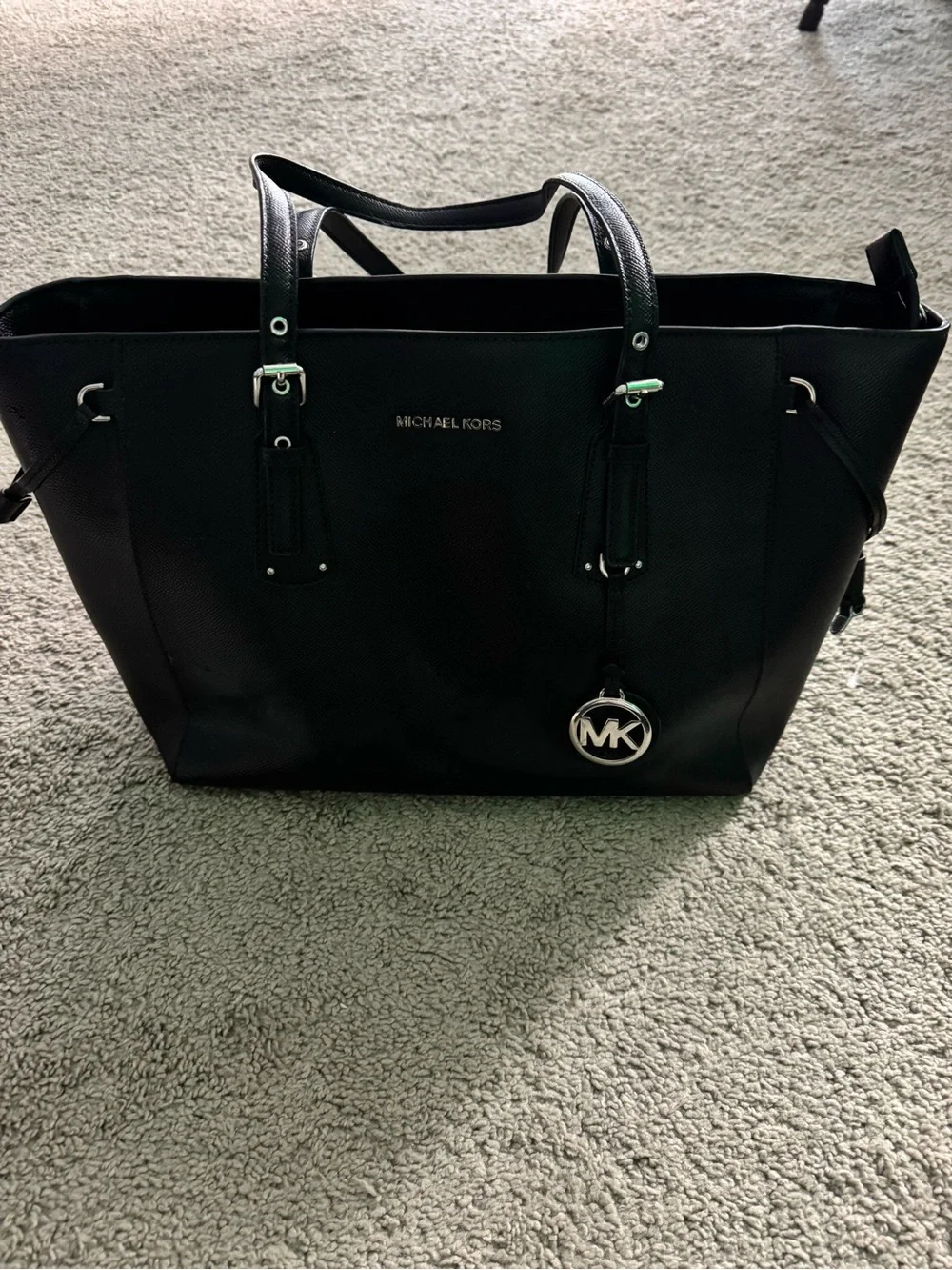 Michael Kors Black Leather Tote with MK Pendant